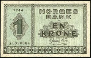 1 krone 1944, serie G.3820864. Liten flekk på revers. 0/01