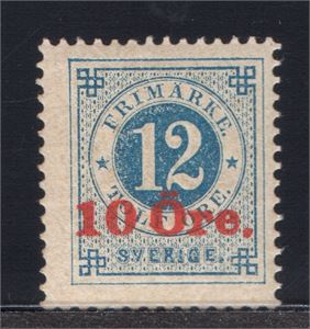 SVERIGE F50 v6**, 10 öre på 12 öre rött påtryck (privat), sällsynt! (F 3 500:-)