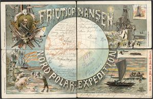 Fridtjof Nansen Nord Polar-Expedition. De fire dekorative postkortene som kan settes sammen som et stort bilde. Alle brukt i Tyskland i 1897/98.