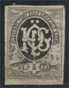 Aalesund Bypost nr. 7P1, utagget. Sjeldent prøvetrykk, kun reg. på Postmuseet.