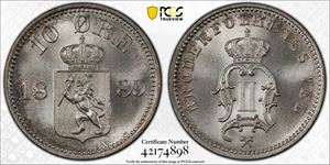 10 Øre 1889 Kv 0, vakker PCGS MS66