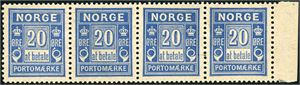 P 4 x. 4 øre "at betale" fra Centraltrykkeriet i horisontal 4-stripe med arkrand i høyre side. De to venstre merken er trykket på en papirbrett som sees fra baksiden, men merkene har ingen brett eller bøy.  (27.000.-)
