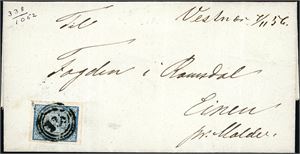 1. 4 skilling Våpen 1855 på brevomslag, annullert med nummerstempel "338" (Vestnæs, MR, 8 pkt) og ved siden håndskrevet "Vestnæs 7/11 56". Tre gode- og en normal marg.