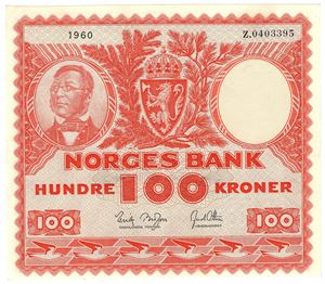 100 kroner 1960 Z.0403395. Erstatningsseddel. SS-seddel. Kv.0/01