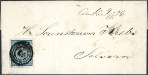 1. 4 skilling våpen 1855 på brevomslag, anert med et litt tungt nummerstempel "12" (Amble, SF, 8 pkt) og ved siden håndskrevet stedsnavn "Amble 4/12 56". Merket med gode marger i alle sider. Brevet er sendt til Solvorn.