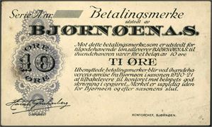 10 øre Bjørnøen A.S. type II, 1923/24. Blankett med kun en signatur Harald Granberg.