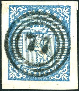 1. 4 skilling våpen 1855, anert med et rettvendt nummerstempel "77" (Frederiksværn, VF). Tre meget gode marger, normal oppe.