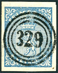 1. 4 skilling våpen 1855, rettvendt fullstemplet nummer "329" (Vadsø, FI). Tre gode- og en normal marg.