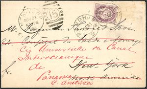 47. 25 øre 21 mm på konvolutt til New York, stemplet "Throndhjem 3.11.84". I New York er konvolutten ankomststemplet på baksiden og påført et dekorativt "New York Nov 22 84" på forsiden og vidresendt til Panama.