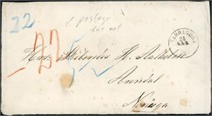 Ufrankert konvolutt, stemplet "Tarragona 24 Abr 46" og sendt til Arendal. Baksiden er bl.a. stemplet "Chr-Sand-Fr-havn 29.4.1873". Noen aldersflekker.