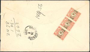 One american 5 c stamp on envelope from New York, cancelled "Frederiksted 26.9.1911" and "Consignee´s Mail Paquebot" in red at side. At reverse a 5 BIT Postage Due in a strip of three, and "Frederiksted 26.9.1911" at side. Cert. C.Aa. Møller.