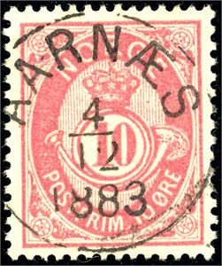 38 xX. 10 øre Posthorn 1883, rettvendt fullstemplet "Aarnæs 4.12.1883".