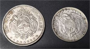 BOLIVIEN 1 Boliviano 1874 (25 gr. 0.900 silver) samt 50 centavos 1908 (11,5gr 0.900  silver)