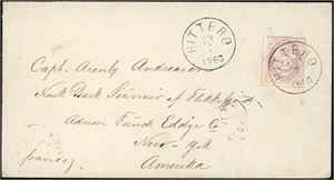 28. 25 øres porto til U.S.A. 25 øre skravert Posthorn på konvolutt til New York, pent stemplet "Hiterø 23.7.1880". "Flekkefjord 26.7.1880" og ankomststempel på baksiden.