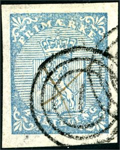 1. 4 skilling Våpen 1855, annullert med blekkryss, samt dansk nummerstempel "1" (Kjøbenhavn). Gode marger. Attest FCM.