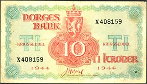10 kroner London 1944, serie X 408159. Noe gullig og skitten i papiret, men ingen rifter. 2