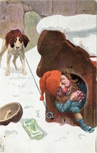 Julekort. Sovende nisse i hundehus. A. Block.