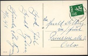 242. 10 øre Løve på postkort, annullert med hjelpestempel "Flisa 21.12.48" (HE).