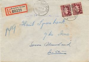 Hjelpestempel HAUKELAND STASJON HJ-SA -9 1 53 (Hordaland) på rekommandert brev. Ny tidlig dato for dette stempelet, som ikke er med i Langangens arkivoversikt.