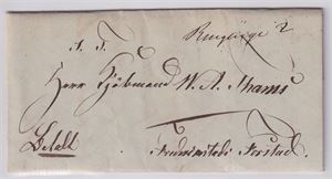 Håndskrevet Ringerike 2 , håndskrevet på betalt brev til Fredrikstad.  Bak Blått Christiania 2/2-1849