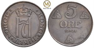 5 øre 1908 Haakon VII. Kv.0/01