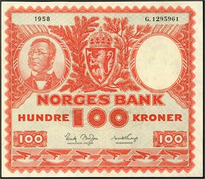 100 kroner 1958, serie G.1295961. Litt bølgete. 01