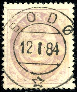 28. 25 øre skravert Posthorn, rettvendt fullstemplet "Bodø 12.1.84".