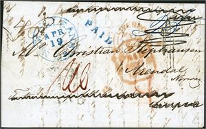 Brevomslag, datert "New Orleans den 19 April 1845" og sendt til Arendal. Forsiden stemplet "New Orleans Apr 19", "Paid" samt "Liverpool" og påskrevet bl.a. "25" (cent) i blått, som var portoen til Boston. Brevet er sent med "British packet Caledonia" til England. Baksiden stemplet "America Liverpool My 14 1845" samt St.P.A. 19 Mai 45". Brevet ble i første omgang adressert til Forwarding agenten Cambell & Ruud i Liverpool, der dette navnet er overstrøket før det gikk ble vidresendt til Norge.