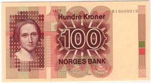 100 kroner 1977 HI 0000019. Erstatningsseddel. Kv.0