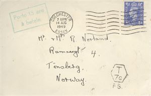 Satt i porto Brev fra England 1949, til Tønsberg, satt i porto Tønsberg 13 øre stemplet