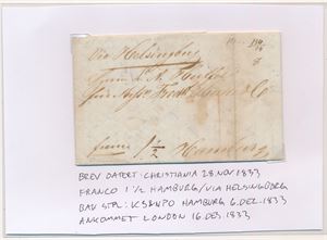 Brev fra Christiania 28. nov 1833 til London via Helsingborg/Frco Hamburg