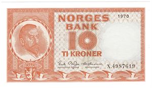 10 kroner 1970 X.4987619 erstatningsseddel. Kv.0