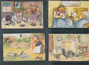 HUMORKORT 4 forskjellige Jac. Edgren. Et brukt 1961 med liten skade, de andre ubrukte