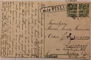 FINLAND, kort (Jenny Nystrøm) til Sverige stemplet med svensk stempel "Från Finland" i 1911.