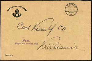 Sensurert konvolutt, stemplet "London 5 Dec 1917" og sendt til Kristiania, der konvolutten tydelig bærer preg av at den har ligget i vann, og frimerket har derfor falt av. I tillegg Postens konvolutt (Postsak nr 10), stemplet "Bergen 18.12.17" og sendt til Kristiania og påstemplet "Post, bjerget fra sænket skib." i lilla. Dette er konvolutten som det engelske brevet ble fremsendt til adressaten med.