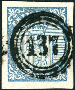 1. 4 skilling våpen 1855, anert med et rettvendt nummerstempel "137" (Ibestad, TR, 6 pkt). Meget brede marger.