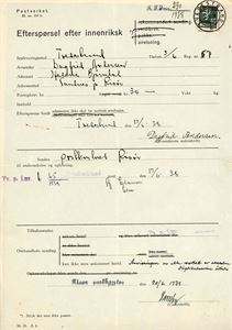 152. 40 øre Løve II på "Efterspørsel efter innenriks anvisning" (Blanket nr 107 B), annullert med hjelpestempel "Tvedestrand 17.6.38" (AA).