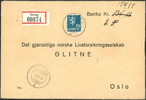 154. 60 øre Løve II på bankokonvolutt (Kr 124,88), annullert med hjelpestempel "Grong 16.11.36" (NT).
