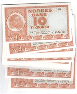 10 kroner 1970 Y.4956761-800. 40 stk. i serie. Usirkulert 0-0/01