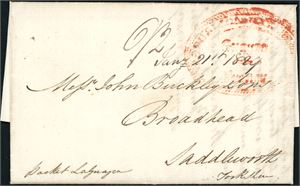 A complete letter from La Guaira to England via St. Thomas, dated 21 Nov. 1828. Endorsed "Packet La Guayra" (written in lover left corner). Town stamp "Republica De Colombia Guayra Franca" in red. The ocean rate "6/2" is written by ink on top and beside the destination date "Jan 21.th 1829".