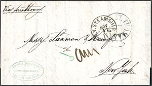 A complete letter from Ciudad Bolivar (Venezuela) to New York in 1867 with two postmarks "St. Thomas 1" and ""N.Y. Steamship nov 11 10" at front with handwritten endorsed "Via Saint Thomas".