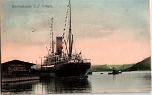 Kristiania, Amerikabaaden C.F.Tietegen. (Alstrup 481). Småf. lett kolorert. Postgått. Pen brukskvalitet.