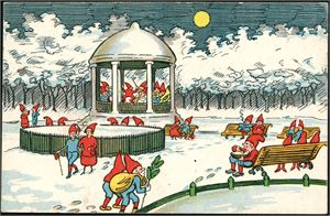 Julenisser spiller i Paviljongen (i Haugesund?). Stemplet "Haugesund 20.12.22". Frimerket mangler. 1