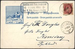 77. 10 øre posthorn på postkort, stemplet "Hammerfest 10.8.00" og ved siden 8-kantet stempel "Expedition nach Franz Joseph Land 10 aug. 1900, Capt. W. bade, Wismar i Mecklbg" og sendt til Tyskland. Kortet med anmerkninger.