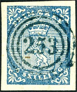 1. 4 skilling våpen 1855, anert med et rettvendt nummerstempel "253" (Sandefjord) i blå farge. Gode marger.