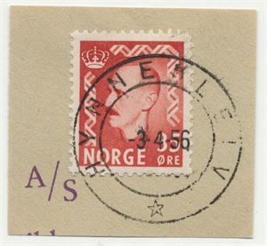 Hjelpestempel HYNNEKLEIV (AA) HJ-IIA -3-4-56 på klipp med NK 432.