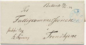 Håndskrevet Buksnæs 23/12-54 (NO) på vakkert portofritt brevomslag til Trondhjem, transittstemplet 1-ring blått Nordland type 1, 12/1/1854.