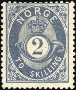 17 aY. 2 skilling Posthorn i gråblå farge med stående vannmerke. (2.500,-).