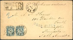 46. 40 øres porto til U.S.A. 20 øre 21 mm i horisontalt par på rekommandert konvolutt til Minnesota, stemplet "Alstahaug 5.1.1887". Baksiden med hullstempel "Nordl.Amb. Postexp. 7.1.87" samt "New York 1-23 1887".