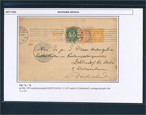Nk 74 og 76 på oppfrankert 3øres brevkort maskinstemplet "KRISTIANIA 11 1 07" til Zehlendorf, Tyskland